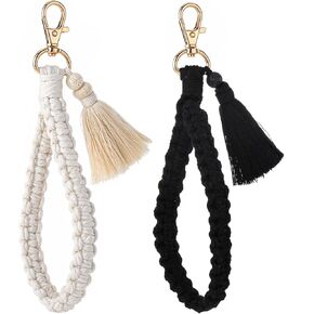 2 Pcs Macrame Boho Braided Keychain, Handmade Bracelet Keyring Tassel Wristlet Strap for Women