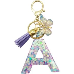 Purple Letter A-Z Keychain for Women Tassel Butterfly Key Ring for Purse Handbag Car Keys
