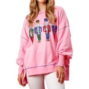 Christmas Sweatshirt for Women Funny Sequin Sweater Nutcracker Santa Xmas Graphic Oversized Pullover Tops