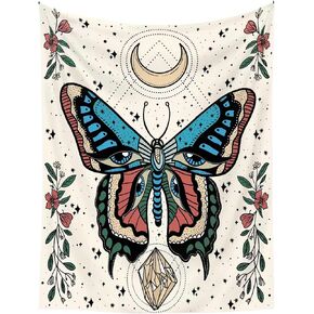 BusonQueen Boho Butterfly Moon Flower Tapestry,Floral Art Aesthetic Wall Hanging Tapestry for Bedroom Home Decor White 51'' × 59''