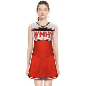 PARTYEVER 2pcs Cheerleader Costume For Women Red Sleeveless Tops Pleated Skirt Halloween Fancy Uniforms