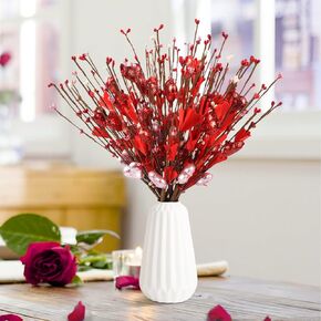 N&T NIETING Valentine’s Day Gifts, Artificial Glitter Berry Flowers Stems 6 Pcs Heart Shaped Berry Picks for Valentine’s Day, Wedding, Propose, Anniversary Vase Decoration