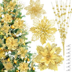 30Pcs Glitter Poinsettia Berries Stems Ornaments Kit, 24Pcs Artificial Flowers with Clips and 6Pcs Berry Picks Floral Decorations for Christmas Tree Wreath Fireplace Xmas Party Decor (Rose Gold)