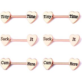 3Pairs 14G Stainless Steel Nipple Rings Lick Me Cum Here Sexy Letter Heart Straight Barbell Bars Tongue Ring 14mm(9/16 Inch) Body Piercing Jewelry Set