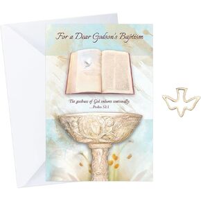 Trendzeen Godson Baptism Card with Holy Spirit Lapel Pin | Baptism Card, Gold Plated Metal Dove Pin Set | Cardstock Gold Foil Embossed Baptism Card from Godmother for Godson