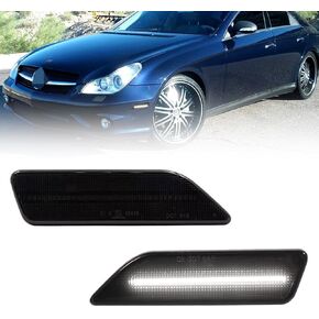Front LED Side Marker Lights for 2007 2008 2009 2010 2011 W219 Mercedes Ben'z CLS550 2006 CLS500 Xenon, W219 Smoked Lens Side Bumper Marker Lights, W219 White LED Turn Signal Lamps, 2 PCS