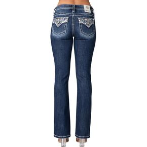 Miss Me Women's Cool Border Mid-Rise Bootcut Jeans with Embellished Faux Flap Pockets