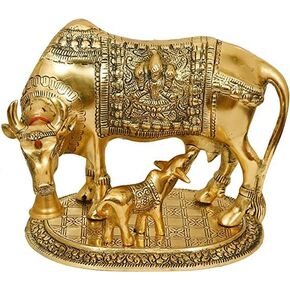 Brass Murti Kamdhenu Cow & Calf | Nandi Cow Decorative Showpiece | Cow with Calf Statue Idol for Diwali II Wedding II Pooja Room II Temple II Gifting | Gold and Silver (14 x 8 x 12.5 cm