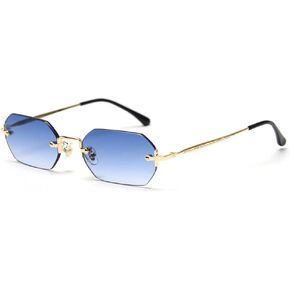 kachawoo Men Rectangle Sunglasses Rimless Octagonal Small Glasses Women Metal Blue Brown
