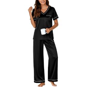 Vrtige Women's Satin Pajama Set for Women Short Sleeve Soft Sleepwear Top with Long Pajama Pant Set Silk PJ Loungewear