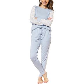 Women's 2 Piece Long Sleeve Lounge Set with Lace, Long Sleeve Top & Jogger Pant (Blue, Medium)
