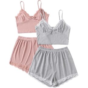 Milumia Women's 2 Sets Pajamas Ribbed Lace Trim Ruched Cami Top and Shorts Sleepwear
