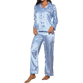 Verdusa Women's Striped Satin Pajama Sets Button Up Shirts and Pants Sleepwear PJ Set