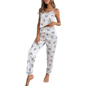 Floerns Women's 2 Piece Satin Sleepwear Butterfly Print Contrast Binding Cami Top and Pnts Pajama Set