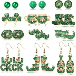 NLCAC St Patricks Day Earrings Set for Women Green Glitter Lucky Hat Shamrock Earrings Beaded Hoop Tassel Dangle Earrings Parade Carnival Jewelry Gifts