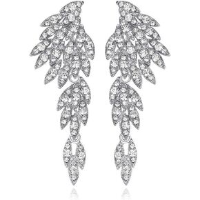 mecresh Retro Statement Angel Wings Wedding Crystal Rhinestone Cluster Chandelier Hollow Dangle Earrings Clip for Women's Day