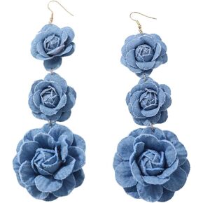 Boho Denim Camellia Flower Dangle Hook Long Earrings for Women Blossom Layered Tassel Dangling Drop Golden Plated Huggie Hoops Earring Chic Jewelry Gifts Wedding Bridal