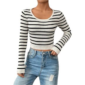 SOLY HUX Women's Fall Striped Crop Sweater Scoop Neck Long Sleeve Ribbed Pullover Jumper Tops