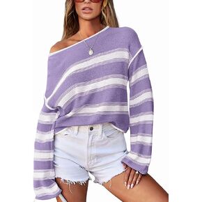 Womens Knit Striped Sweater Casual Crewneck Long Sleeve Color Block Pullover Sweater S-2XL