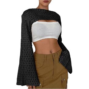 Women's Hollow Out Crochet Knit Top Bell Long Sleeve Bolero Cropped Sweater Shrug