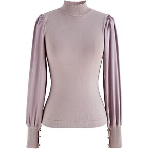 CHICWISH Women's Mock Neck Satin Spliced Bubble Sleeves Knit Top