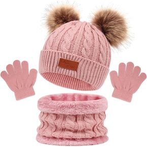 Kids Winter Hats Scarf Gloves Set Toddler Winter Hat Knit Gloves Neck Warmer with Fleece Lined for Children 2-5 Years