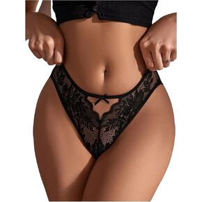 OYOANGLE Women's Rhinestone Cut Out Lace Panties Scallop Trim See Through Mid Waist Summer Brief Underwear