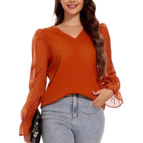 Lace Long Sleeve Tops - Women Crew Neck Pleated Shirts : Hollow Out Sleeve Loose Casual Blouses Pullover Trendy Top