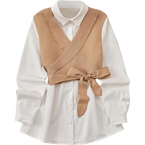 OYOANGLE Women's Tie Back Button Down Wrap Blouse Collared Neck Long Sleeve Casual 2 in 1 Shirt Tops