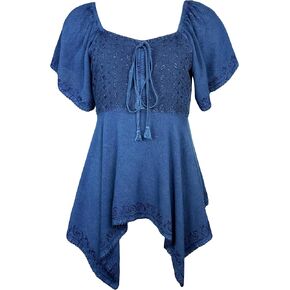 Agan Traders Boho Asymmetrical Handkerchief Diamond Neck Embroidered Tops for Women - Empire Waist Cap Sleeve Womens Blouse