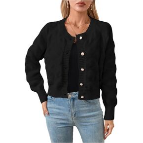 Verdusa Women's Button Up Bishop Long Sleeve Crew Neck Textured Knit Cardigan Sweaters Outerwear