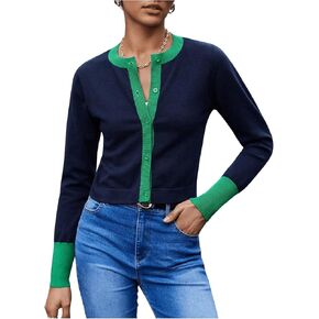 WDIRARA Women's Button Front Crop Cardigan Sweaters Long Sleeve Contrast Trim Knit Cardigan Tops