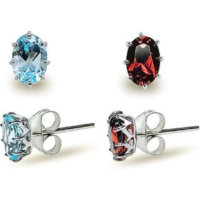 Sterling Silver 925 Set of 2 Stud Earrings GENUINE GEMSTONE 7X5 mm RHODIUM-PLATED Finish, 8-Prong