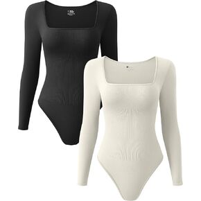 OQQ Women's 2 Piece Bodysuits Sexy Ribbed One Piece Square Neck Long Sleeve Bodysuits