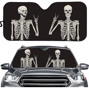 Funny Skull Car Windshield Sunshade Human Skeleton Foldable Sun Visor Protector Gothic Hippie Front Window Sun Shade, Keeps Out UV Rays, Keeps Your Vehicle Cool, Black