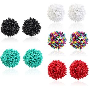 5 Pairs Handmade Seed Beaded Stud Earrings Bohemian Lightweight Wrapped Cluster Rainbow Seed Beads Big Round Earrings Piercing Post Statement Earrings Fashion Jewelry for Women