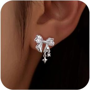 LOVECOM Bow Earrings for Women 925 Sterling Silver Rhinestone Bow Earrings Cute CZ Bow Knot Stud Earrings Dainty Ribbon Star Dangle Earrings Jewelry Birthday Wedding Prom Gifts for Mom