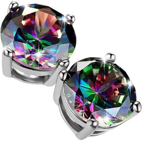 18K White Gold Plated Round/Square CZ Earrings Created Rainbow Quartz Stud Earrings for Women Men