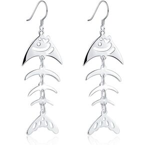 Sterling Silver Plated Earrings Drop Dangle Fish Hook Fish Bones .68" L383