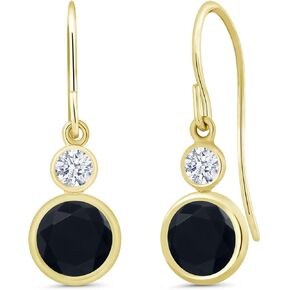 Gem Stone King 14K Yellow Gold Black Onyx Drop Dangle Earrings For Women (1.82 Cttw, Gemstone December Birthstone, Round 6MM and 3MM)