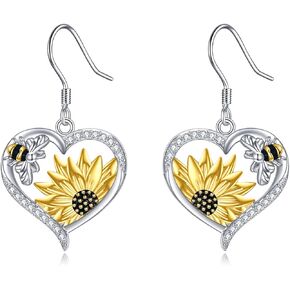 Bee Sunflower Heart Dangle Earrings 925 Sterling Silver Boho Bohemian Floral Flower Hook Earrings for Women