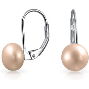 Simple Color Changing Iridescent Peacock Black White Pink Freshwater Cultured Pearl Lever back Round Ball Drop Earrings For Women .925 Sterling Silver