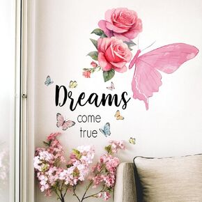 Pink Butterfly and Rose Large Wall Decal for Kid Peel-and-Stick, Easy to Apply Decorative Vinyl Removable Wall Stickers for Nursery Bedroom and Living Room Décor Girls Boys Toddlers