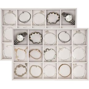 Polmart Stackable 15-Grid Jewelry Organizer/Storage/Display Trays, White Leatherette (2-Pack)