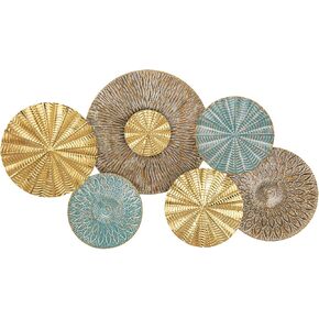Set of 3 Rustic Floral Round Metal Wall Art - Intricate 3D Design with Sturdy Hooks, Gold and Beige Decorative Plates (11.8" Diameter)