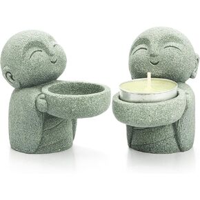 Nicunom 2 حزمة تماثيل بوذا من الحجر الرملي، تمثال جيزو الراهب زن الراهب بوذا تمثال الصلاة منحوتات زخرفة للثروة حظا سعيدا فنغ شوي المنزل مكتب سيارة حديقة في الهواء الطلق حوض السمك الديكور in Kuwait