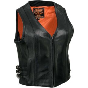 Milwaukee Leather MLL4510 Women's Black Premium Leather Side Buckle Motorcycle Rider Vest with Front Zip Closure