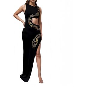 Sexy Maxi Formal Dresses for Women Prom Black Cutaway Side Python Pattern Rhinestone Side Slit Vestidos