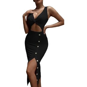GORGLITTER Women's Cut Out Slit Bodycon Midi Dress Twist Front V Neck Split Button Sleeveless Dresses