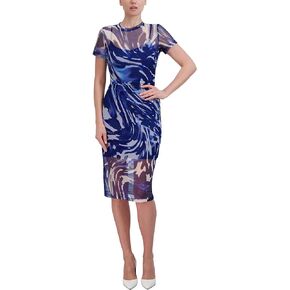 BCBGMAXAZRIA Women's Crew Neck Short Sleeve Midi Dress with Ruching